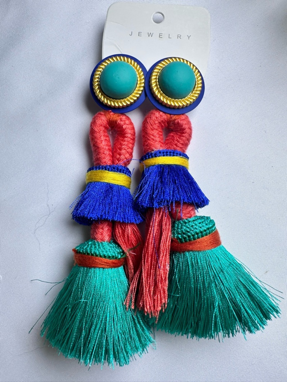6” Colorful Boho Teal & Coral Tassel Drop Earrings